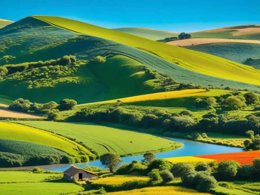 Transformación paisaje Uruguay cuatro estaciones: Verano vibrante con colinas verdes, cielo azul y flores silvestres