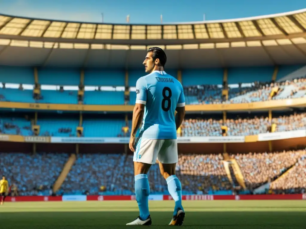 Estadio Centenario de Montevideo al atardecer, rodeado de fanáticos en camisetas celestes