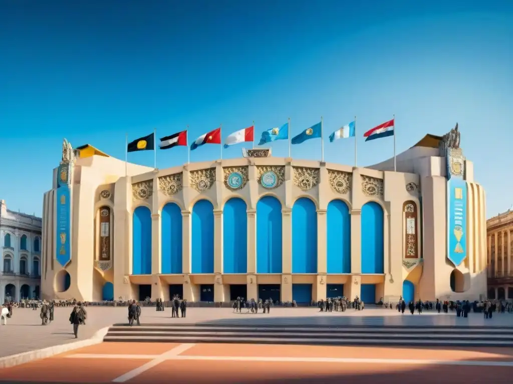 Estadio Centenario en Montevideo, Uruguay, con su icónica fachada Art Deco y banderas uruguayas ondeando bajo un cielo azul