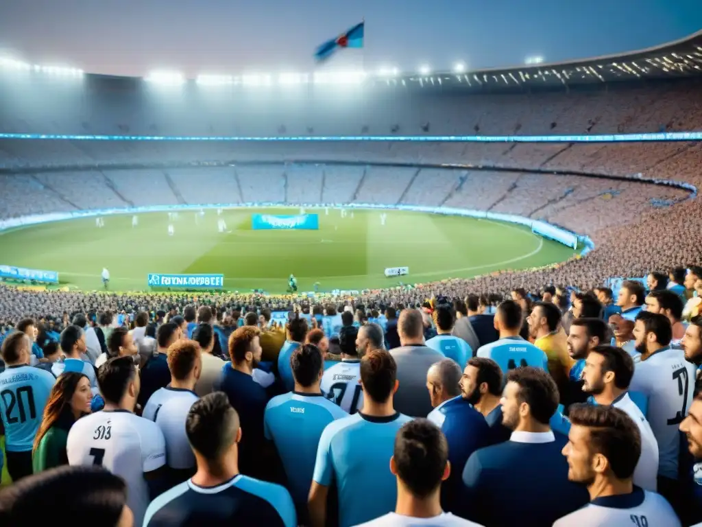 Estadio repleto en Uruguay con pasión por el fútbol, banderas ondeando y emoción palpable en el aire