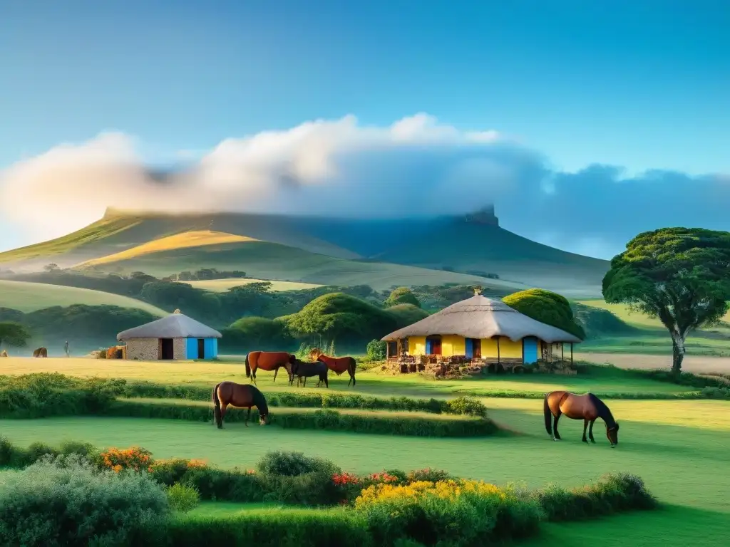 Un estancia tradicional uruguaya rodeada de colinas verdes, gauchos atendiendo a sus caballos y la casa principal decorada con flores