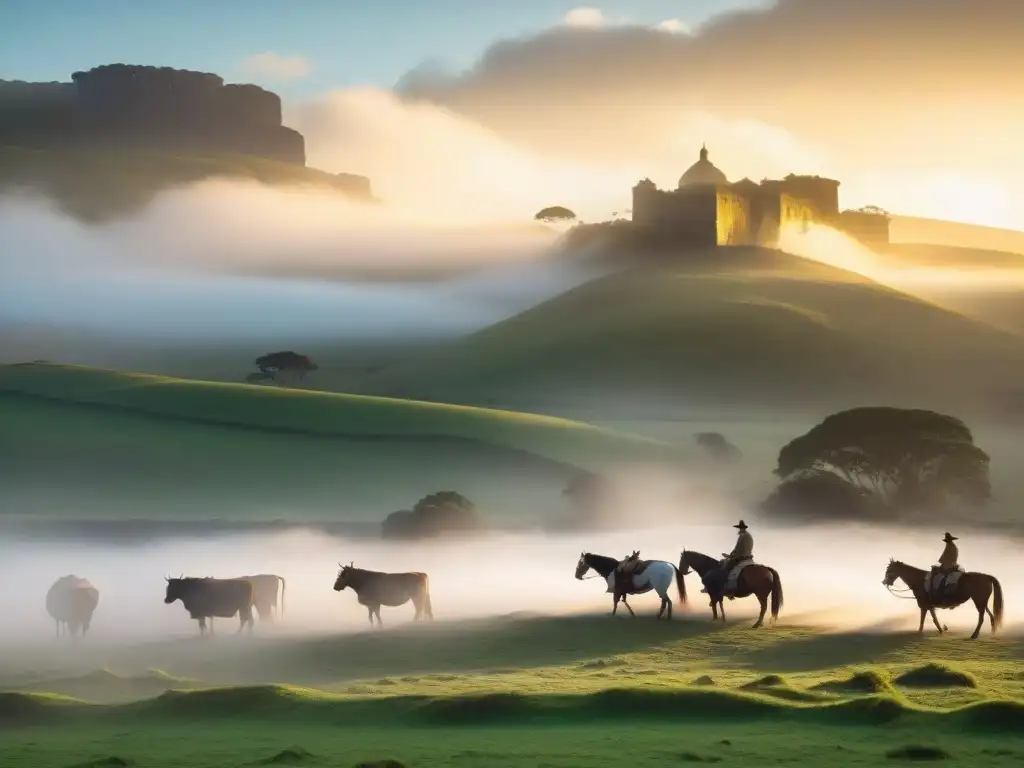 Estancia turística en Uruguay auténtica al amanecer: luz dorada, edificios históricos, pastos verdes y gauchos a caballo