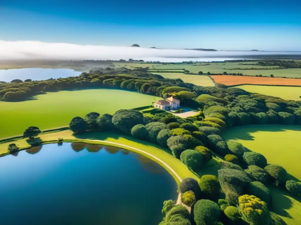 Estancias exclusivas en Uruguay: Vista aérea impresionante de una estancia lujosa con pastizales verdes, ganado y un lago sereno