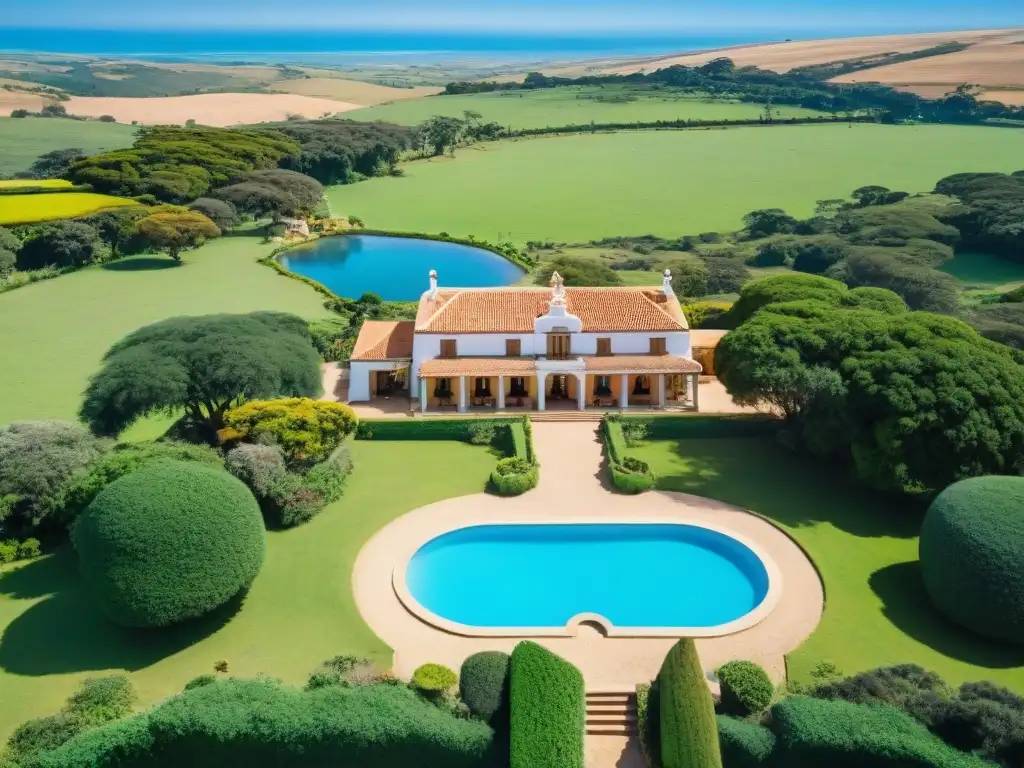 Estancias exclusivas en Uruguay: panorámica de una lujosa estancia entre verdes colinas, con caballos galopando al fondo