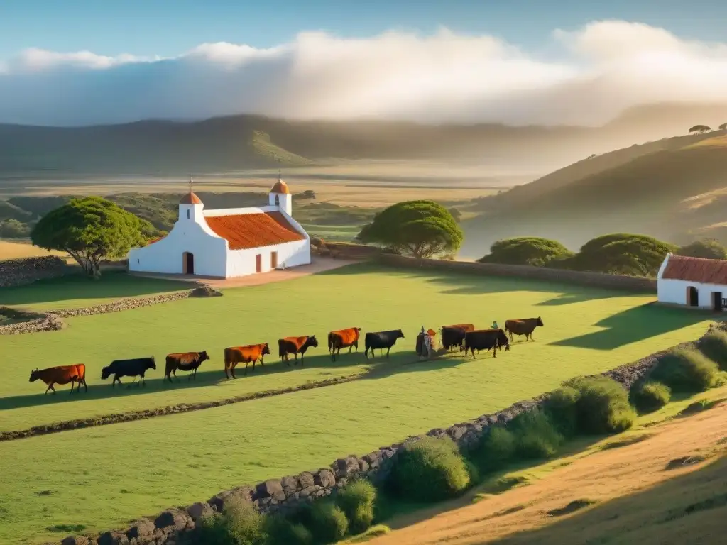 Estancias turísticas en Uruguay auténticas: Gauchos pastoreando en una estancia con casa principal histórica al atardecer