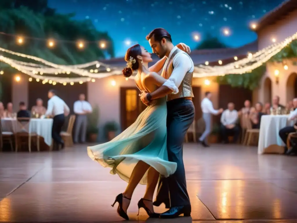 Baila milonga bajo estrellas en Uruguay: Baile elegante y pasión en un patio luminoso y mágico