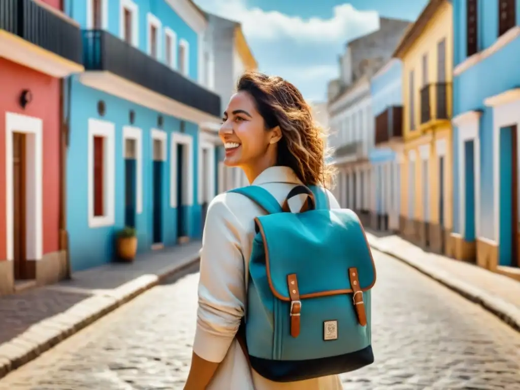 Estudiantes explorando las calles de Uruguay con mochilas y mapas, rodeados de edificios y lugareños