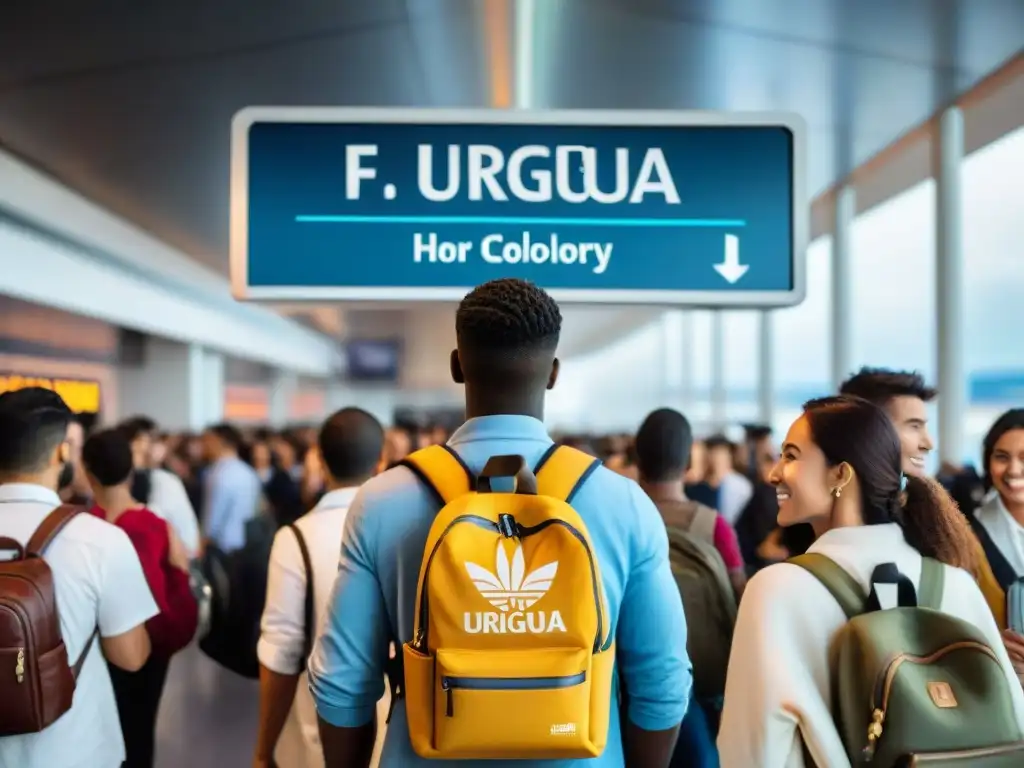 Estudiantes emocionados abordando un avión hacia Uruguay en un aeropuerto internacional