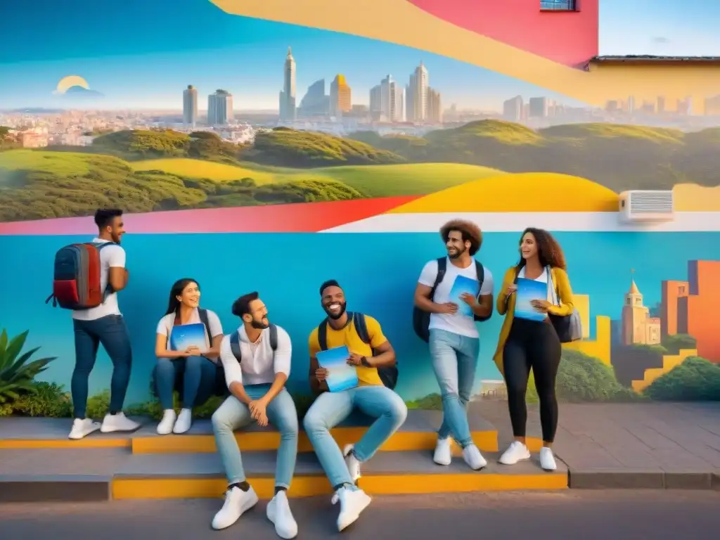 Estudiantes emocionados con mochilas y pasaportes frente a mural vibrante en Montevideo