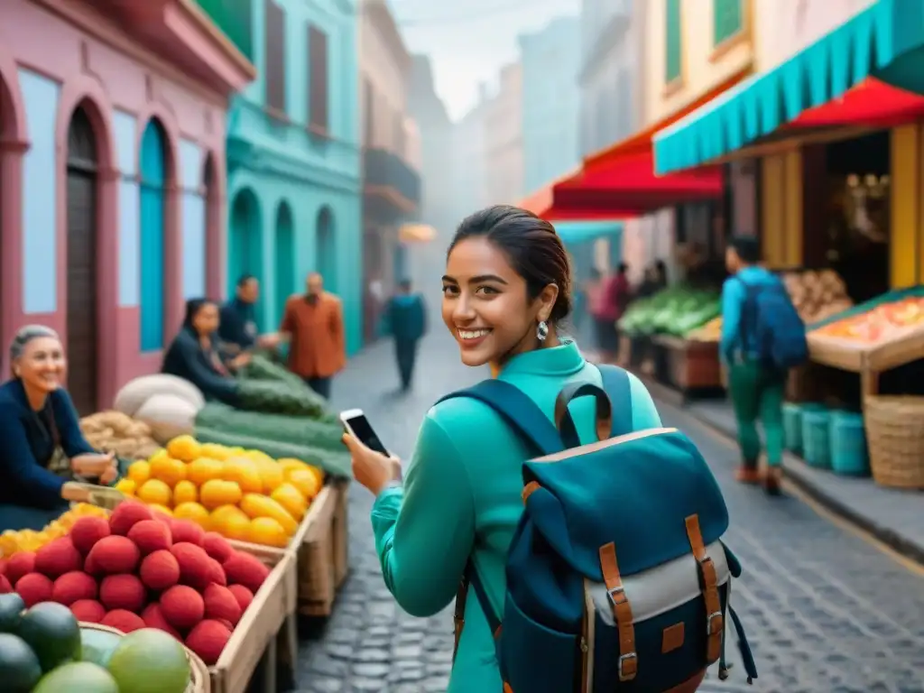 Estudiantes felices explorando las calles de Montevideo, Uruguay en un mercado colorido