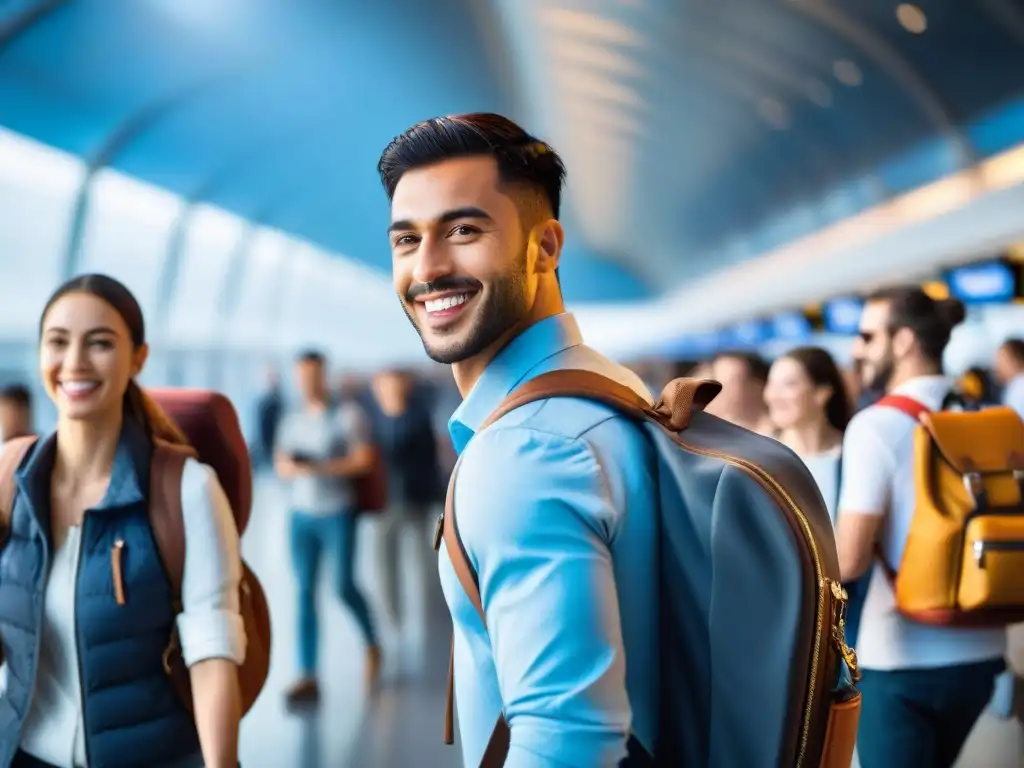 Estudiantes con mochilas y pasaportes abordan avión en aeropuerto, reflejando emoción y preparación para aventura