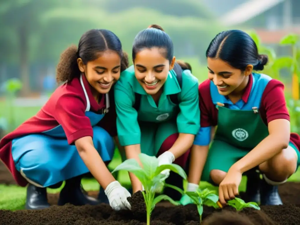 Estudiantes uruguayos trabajando en jardín escolar, fomentando educación sostenible en escuelas uruguayas