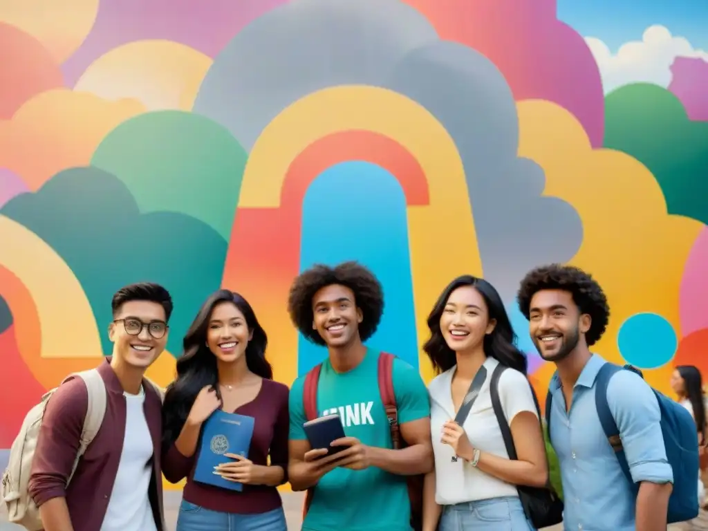 Estudiantes uruguayos con mochilas y pasaportes, emocionados frente a mural de landmarks globales en campus universitario bullicioso