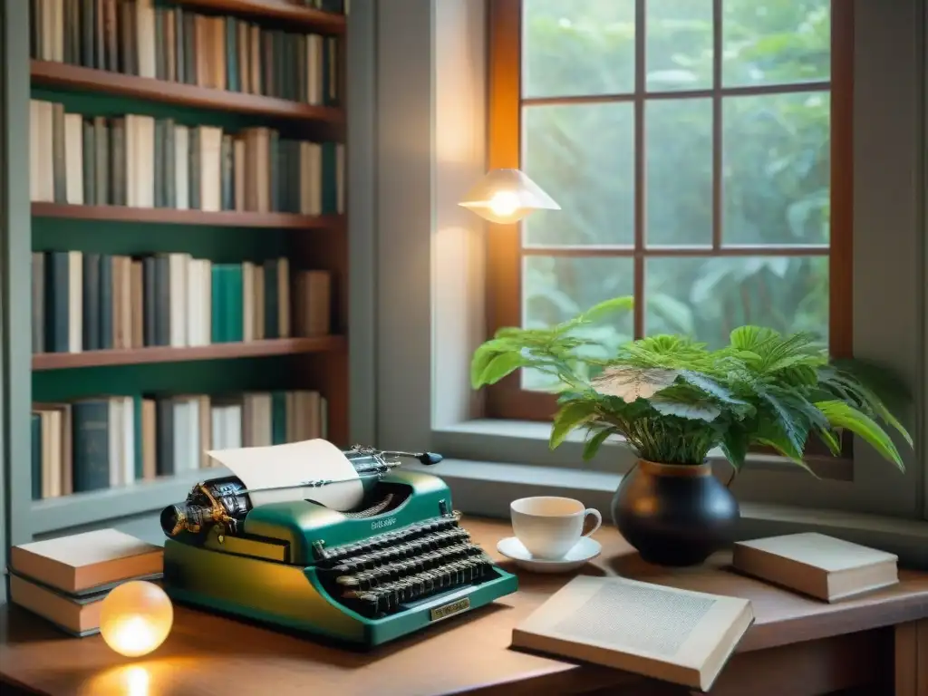 Estudio de Juana de Ibarbourou: libros desgastados, máquina de escribir, taza de té, retrato iluminado y jardín afuera