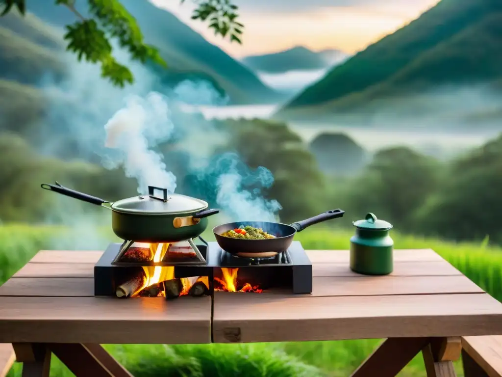 Estufa portátil en medio del bosque, preparando un asado uruguayo