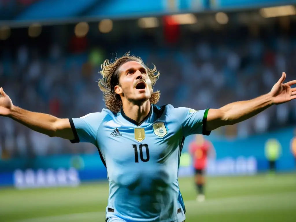 La euforia de Forlán tras un gol decisivo en el Mundial 2010, reflejando la unión a través del fútbol en Uruguay