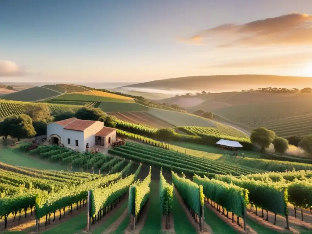 Evento animado en bodega uruguaya con viñedos exuberantes y atardecer dorado