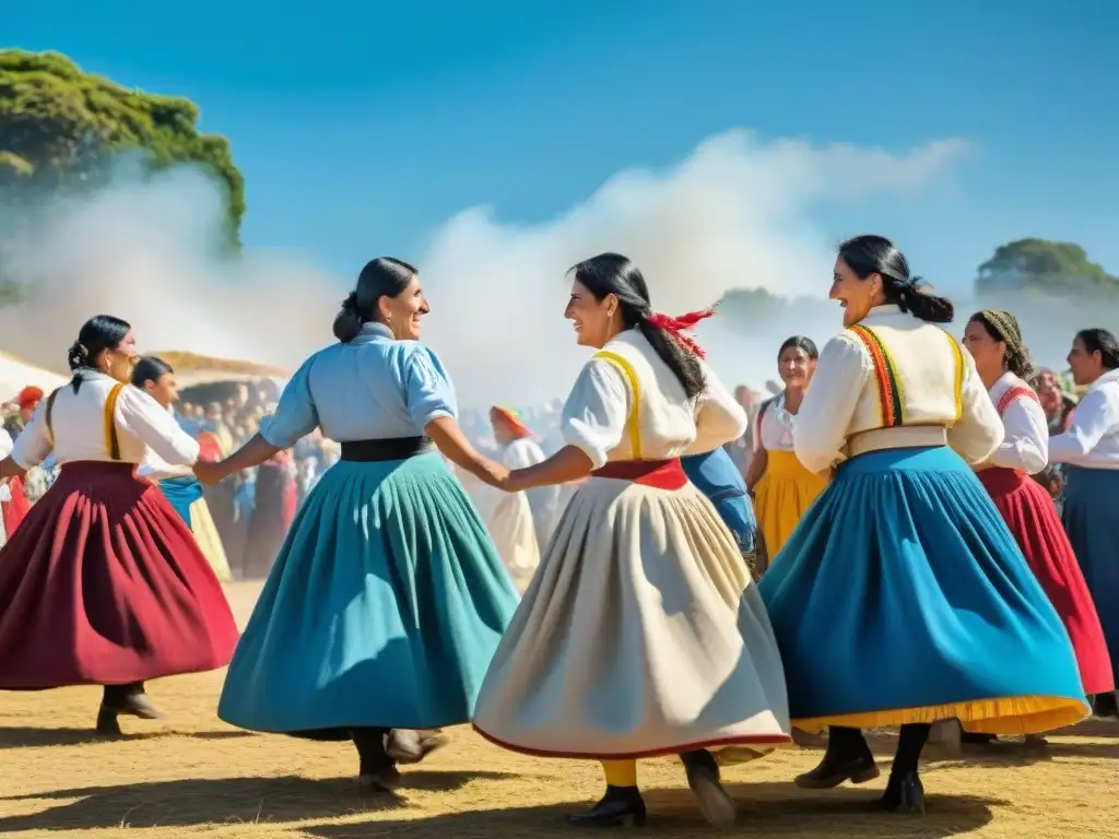 Evento rural en Uruguay: Locales vistiendo trajes tradicionales bailan y celebran bajo el cielo azul