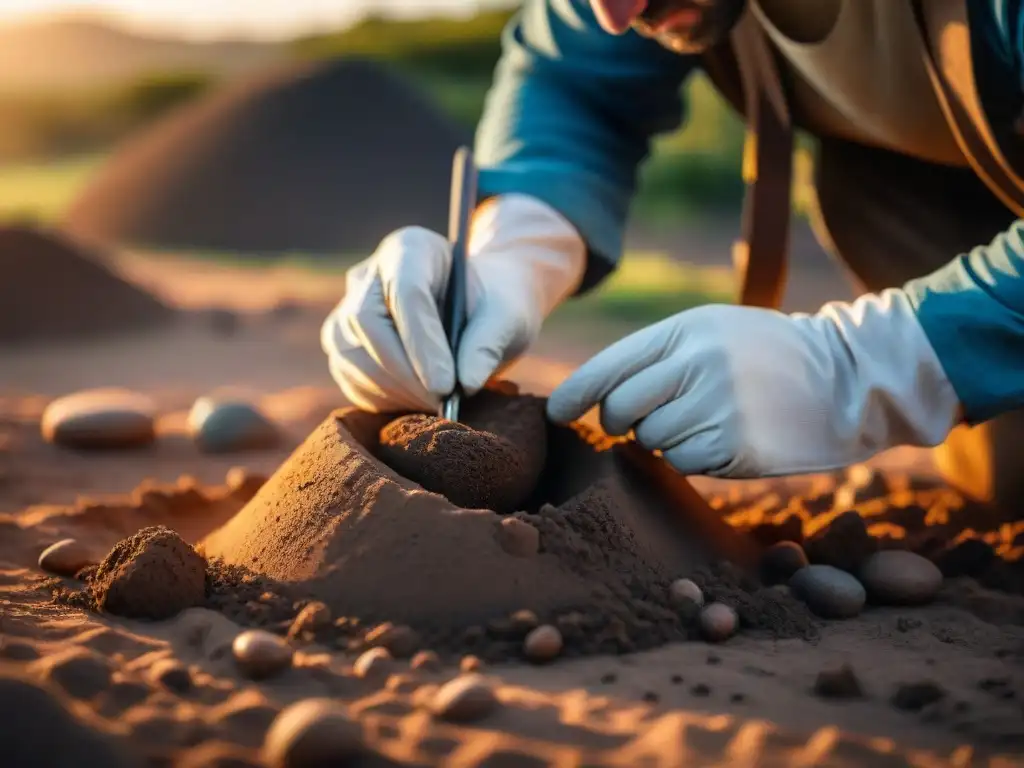 Excavación arqueológica en Uruguay con artefacto antiguo y experto en técnicas de exploración, bajo la luz dorada del atardecer