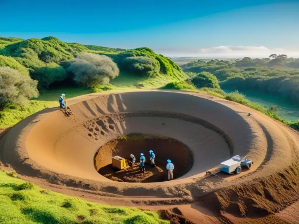 Excavación cuidadosa de un montículo arqueológico en Uruguay