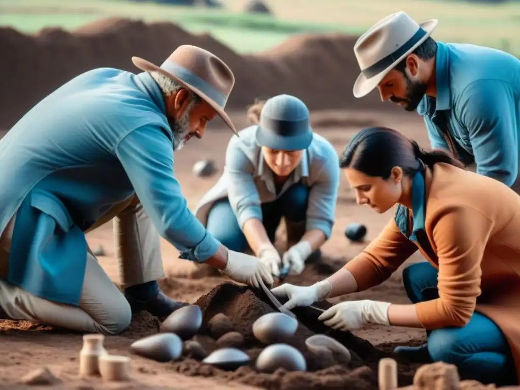 Excavación minuciosa en yacimientos arqueológicos Uruguay, con arqueólogos descubriendo artefactos antiguos entre tierra iluminada por el sol