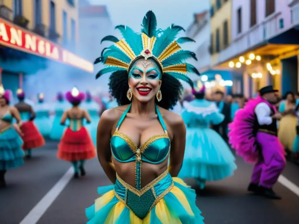 Exclusiva experiencia carnaval Uruguay: vibrante y colorida imagen de artistas bailando en las calles de Montevideo durante el Carnaval