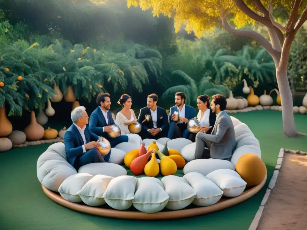 Exclusiva experiencia cultural mate Uruguay: Reunión elegante en jardín lujoso, compartiendo mate en grupo selecto