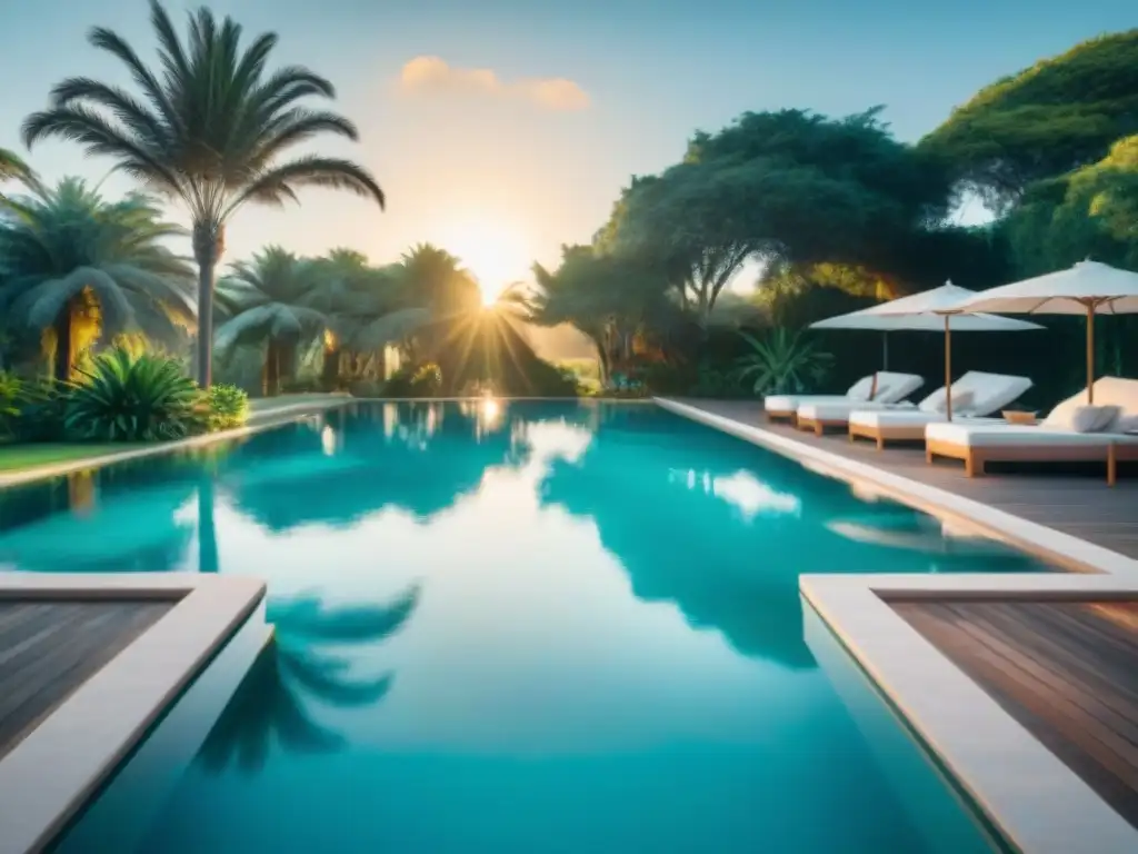 Exclusivo oasis de piscina en Uruguay: agua turquesa y palmeras exuberantes Exclusiva piscina de hotel boutique en Uruguay con agua turquesa cristalina y palmeras verdes exuberantes, creando una atmósfera tranquilizadora