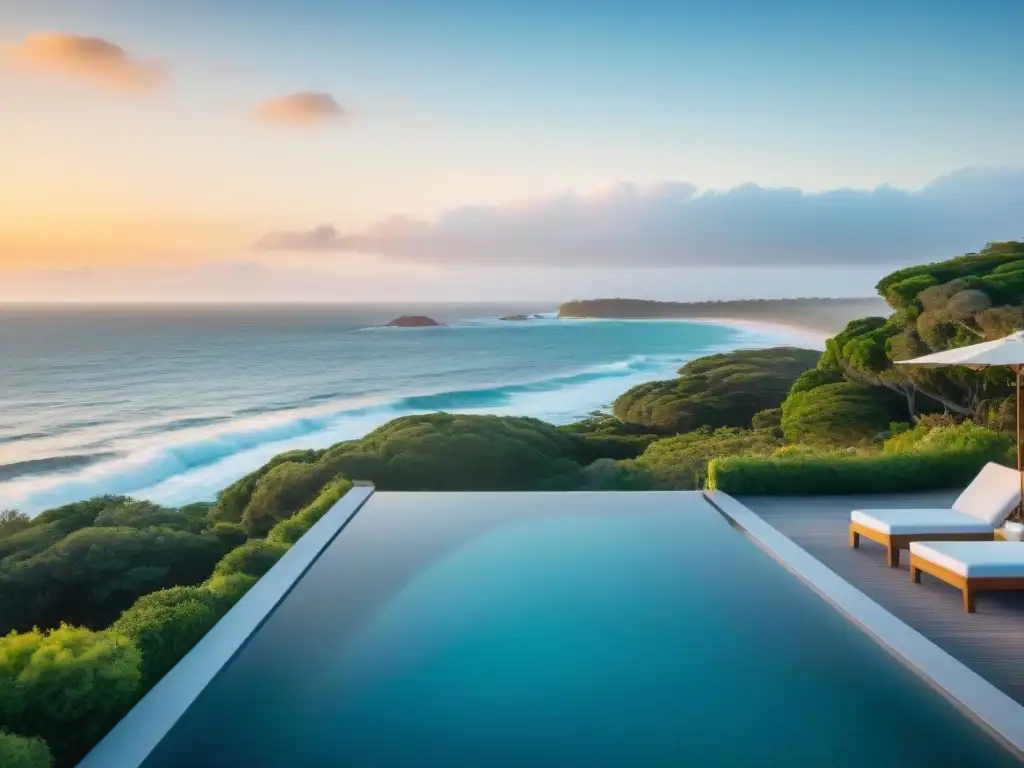 Exclusivo hotel boutique en Uruguay, con infinity pool al atardecer entre exuberante vegetación