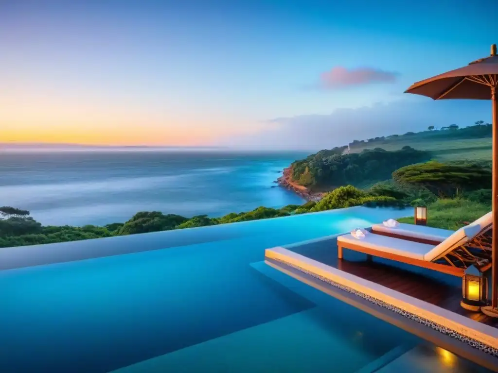 Exclusivo hotel boutique en Uruguay con piscina infinita al atardecer Exclusivo hotel boutique en Uruguay con piscina infinita y vista al mar al atardecer, rodeado de exuberante vegetación y huéspedes relajándose