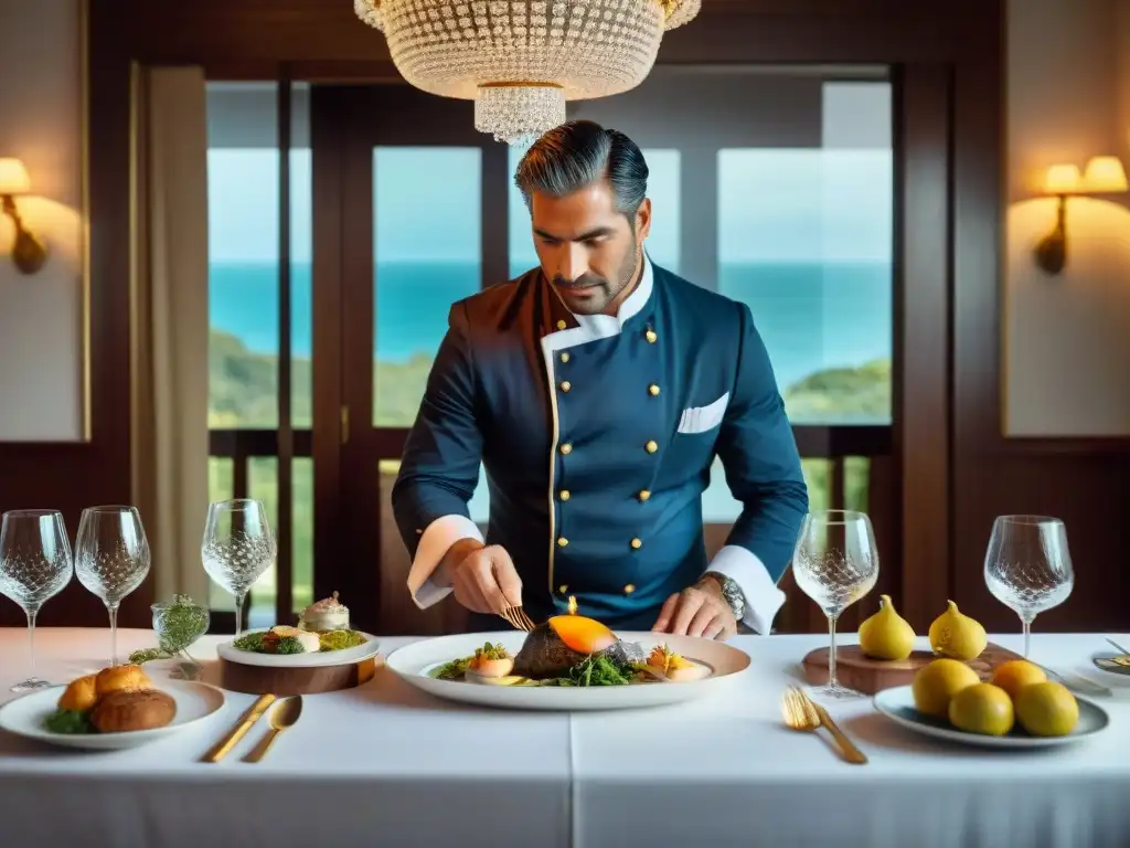 Exclusivo recorrido gastronómico en Uruguay: mesa elegante, chef preparando plato, ambiente sofisticado