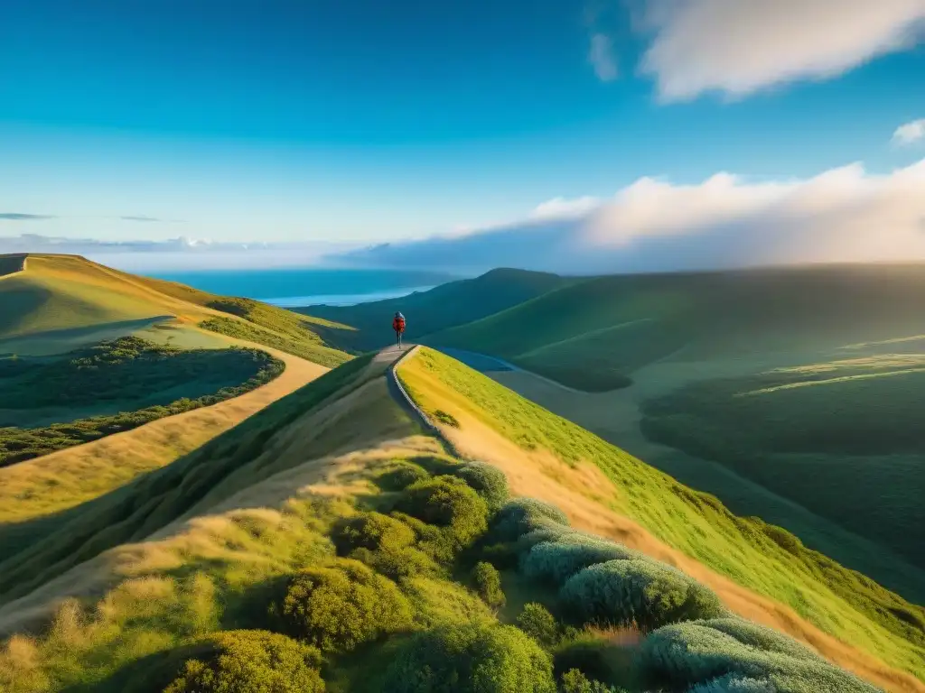 Un excursionista en un acantilado en Uruguay usando dispositivos móviles para exploración, conectando con la naturaleza