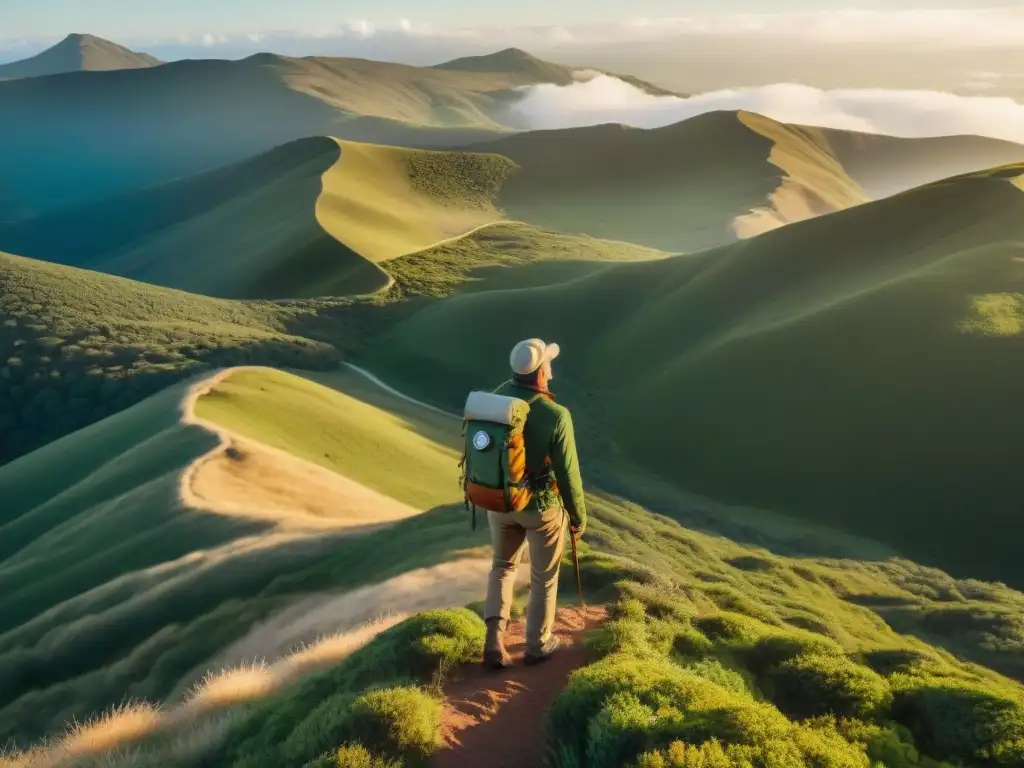 Un excursionista en Uruguay con brújula, disfrutando de la vista