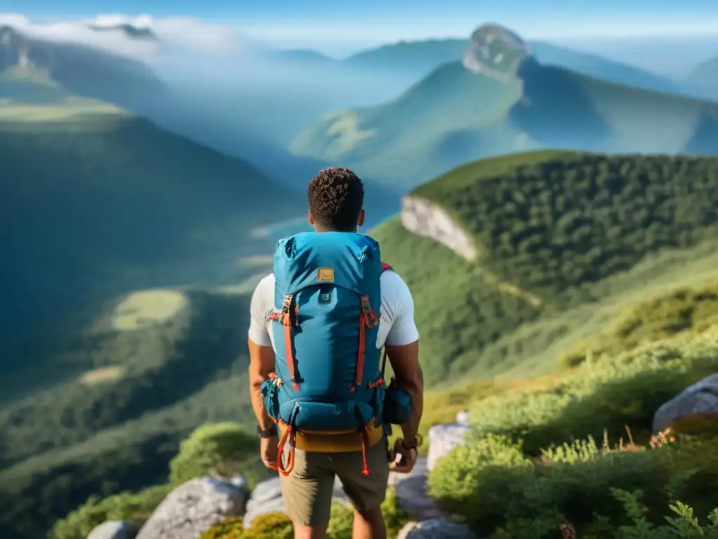 Un excursionista en la cima de la montaña, rodeado de naturaleza exuberante y cielo azul