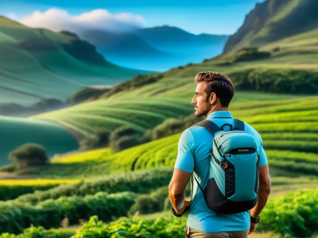 Explorador tecnológico en paisajes verdes de Uruguay Un excursionista en las exuberantes tierras de Uruguay, con tecnología wearable en un escenario de aventura