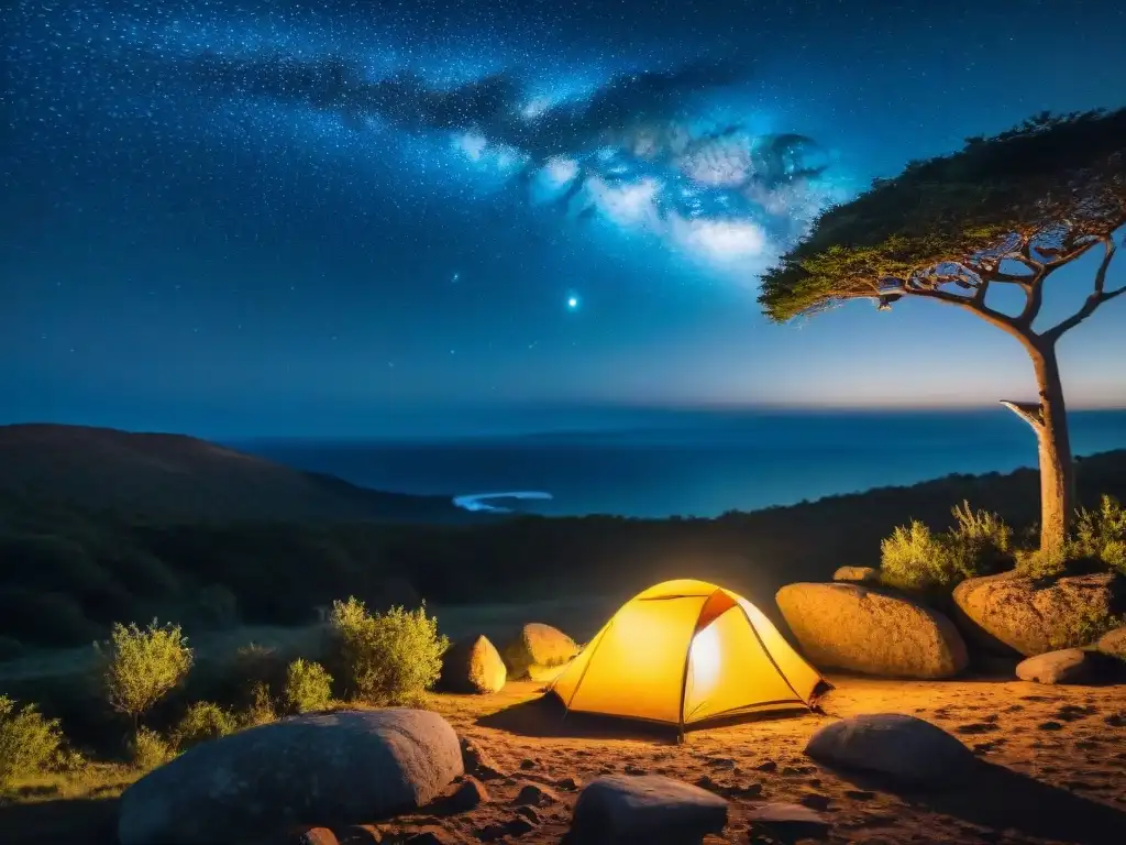 Un excursionista ajusta la lámpara de cabeza bajo el cielo estrellado de Uruguay