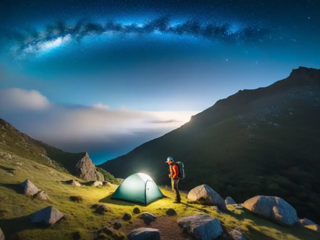 Un excursionista ajusta su lámpara de cabeza en la oscuridad estrellada de un remoto campamento en Uruguay