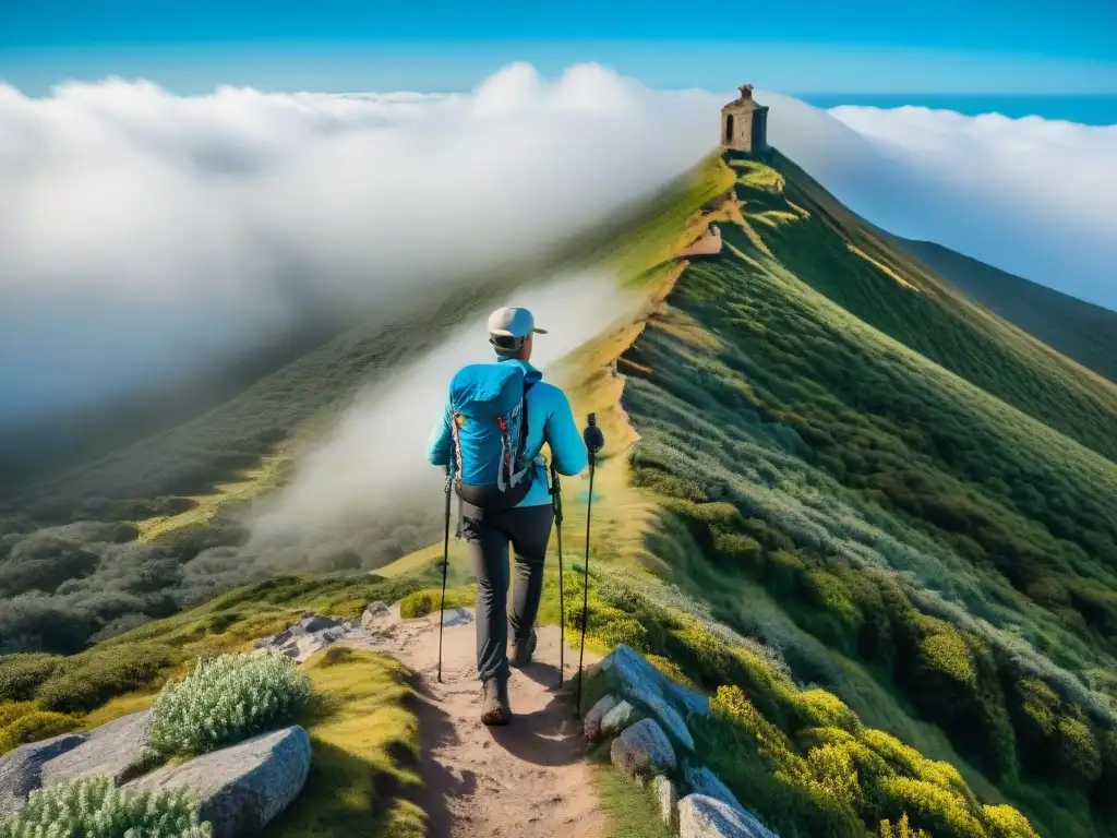 Un excursionista con los mejores bastones de trekking en Uruguay, en el sendero de Cerro Catedral