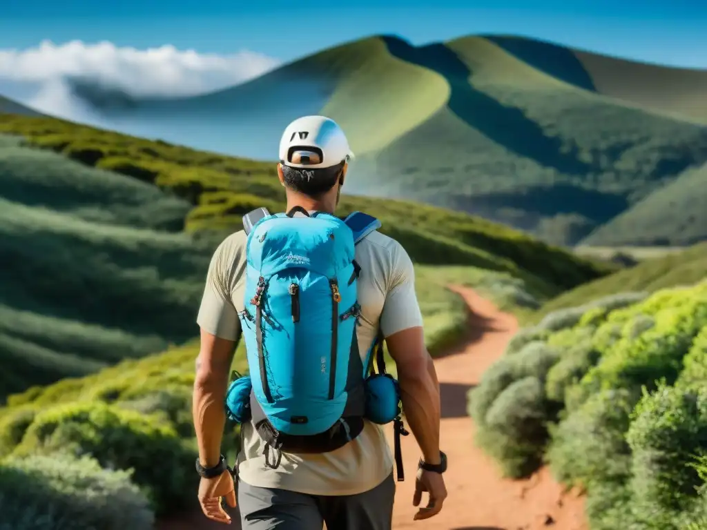 Explorador en Uruguay con sistema de hidratación de alta tecnología Un excursionista con sistema de hidratación en paisajes de Uruguay