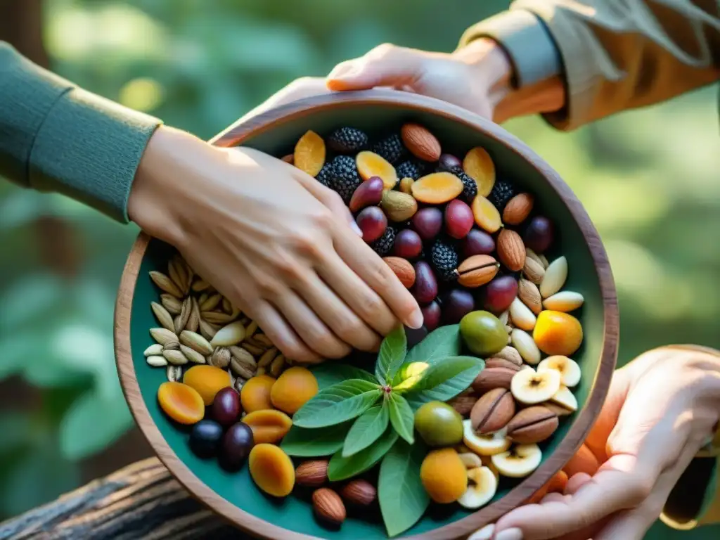 Un excursionista prepara snacks energéticos para caminatas en un tazón rústico, rodeado de naturaleza exuberante