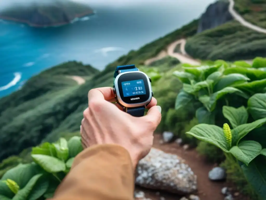 Un excursionista en Uruguay usa tecnología wearable para seguridad en un sendero rocoso y verde, bajo cielo azul