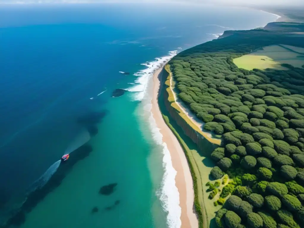 Exhilarante vista aérea de Punta Ballena en Uruguay, donde el océano Atlántico se encuentra con paisajes verdes