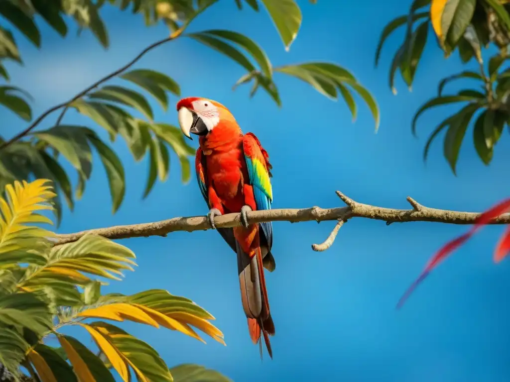 Exótico avistamiento de aves en Uruguay: un guacamayo escarlata en la selva uruguaya, sus colores deslumbrantes bajo el sol