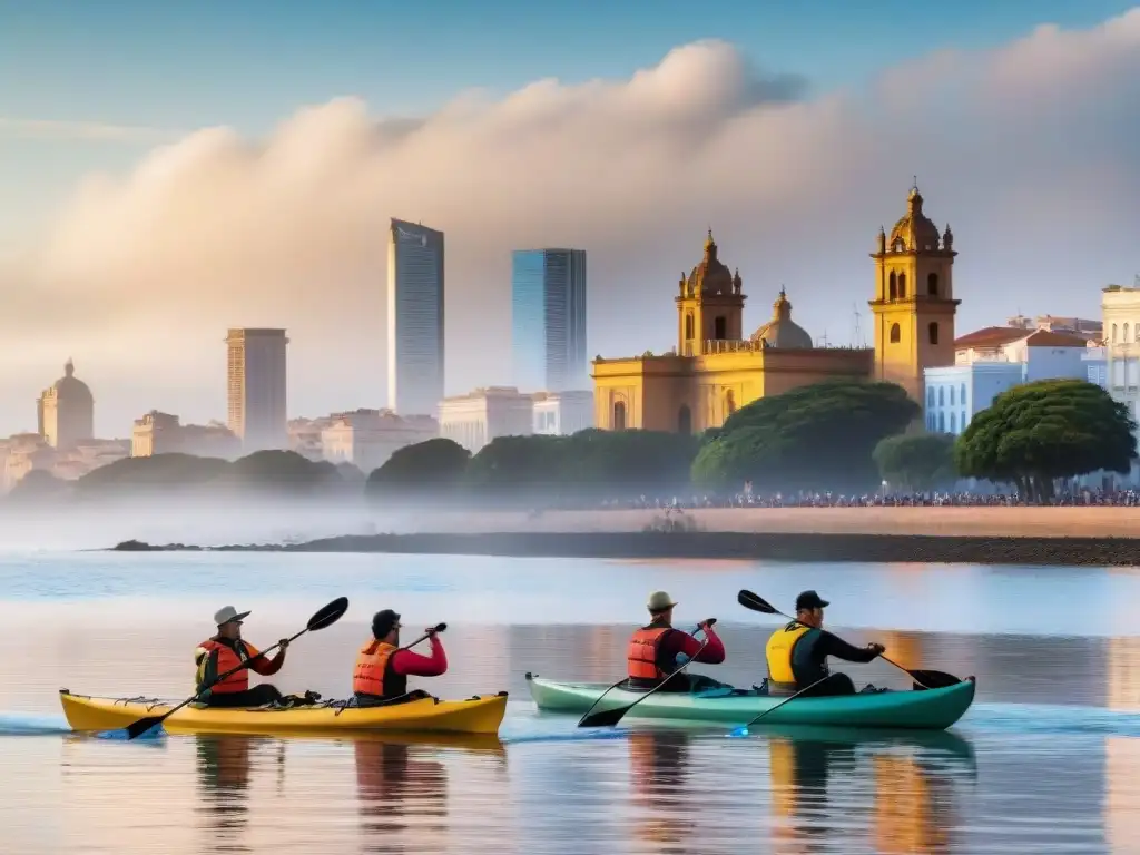 Expediciones en kayak por Uruguay: grupo de kayakistas navegando al amanecer en el Rio de la Plata con Ciudad Vieja al fondo