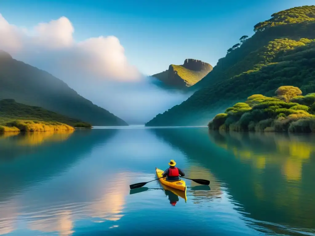 Expediciones en kayak por Uruguay: Grupo de kayaks en Laguna Garzón, rodeados de naturaleza, bajo un cielo azul y sol dorado