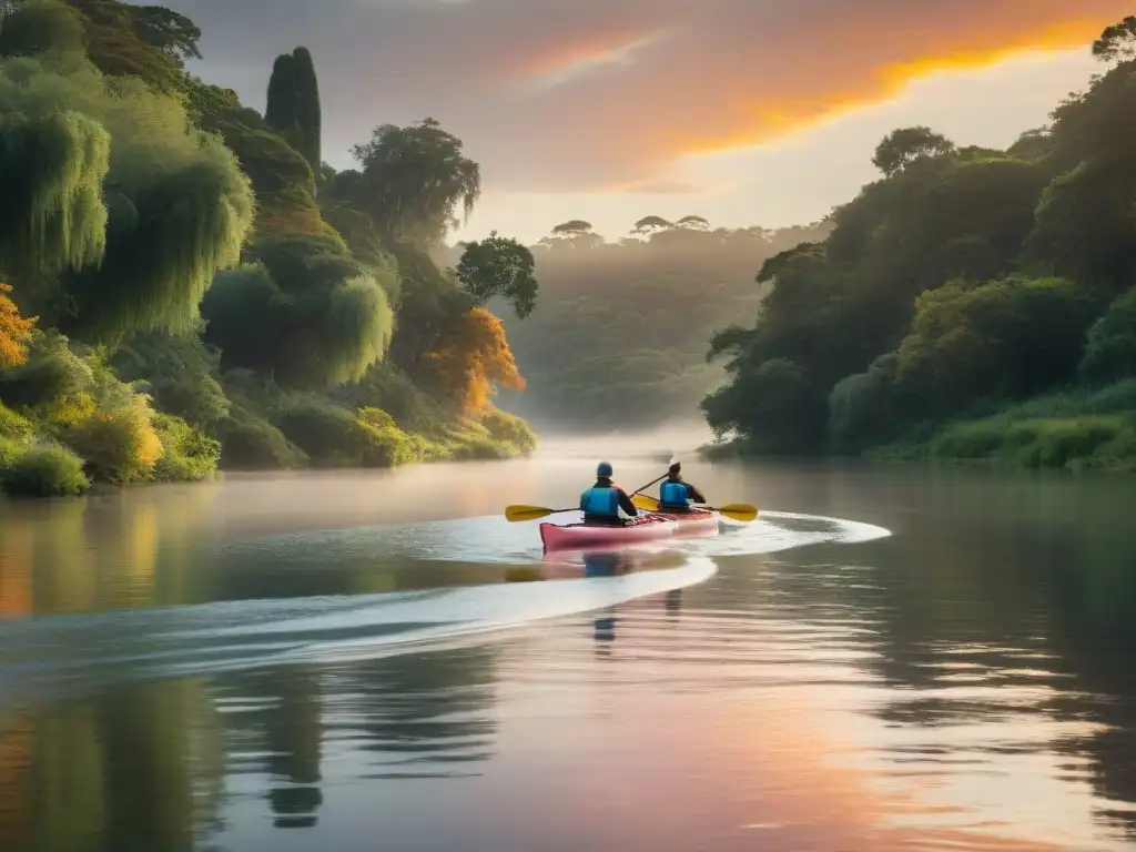 Expediciones en kayak por Uruguay: kayakers surcando un río al atardecer, reflejos dorados y serenidad