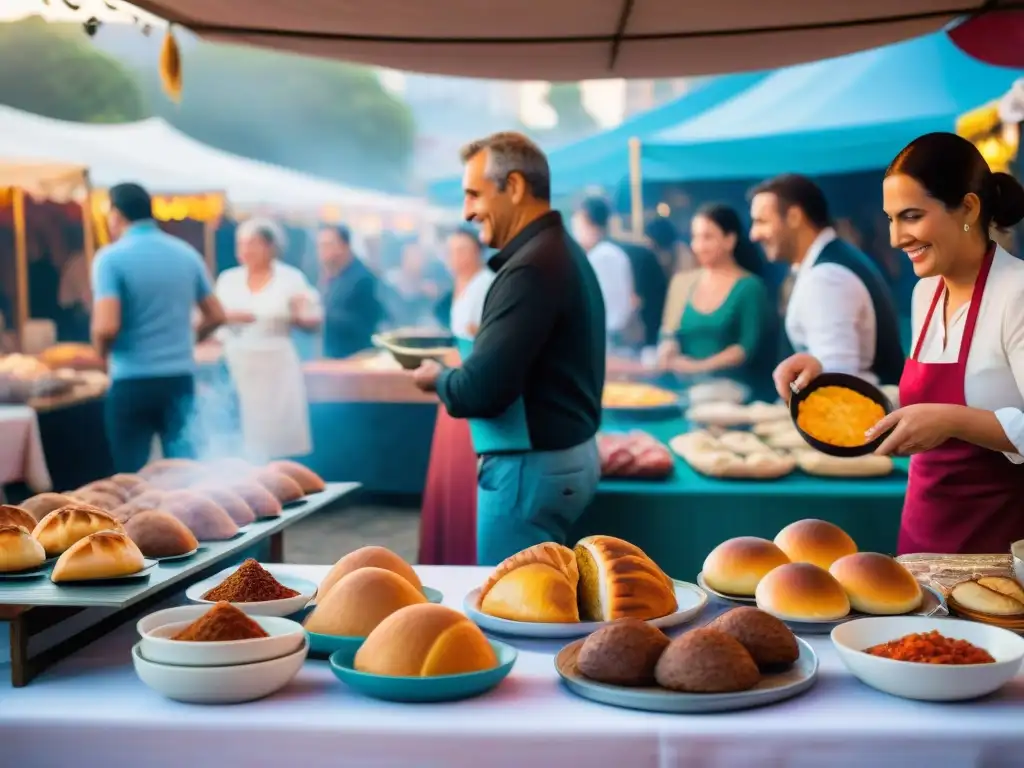 Experiencia auténtica en feria gastronómica de Uruguay con coloridos puestos de comida y ambiente vibrante al atardecer