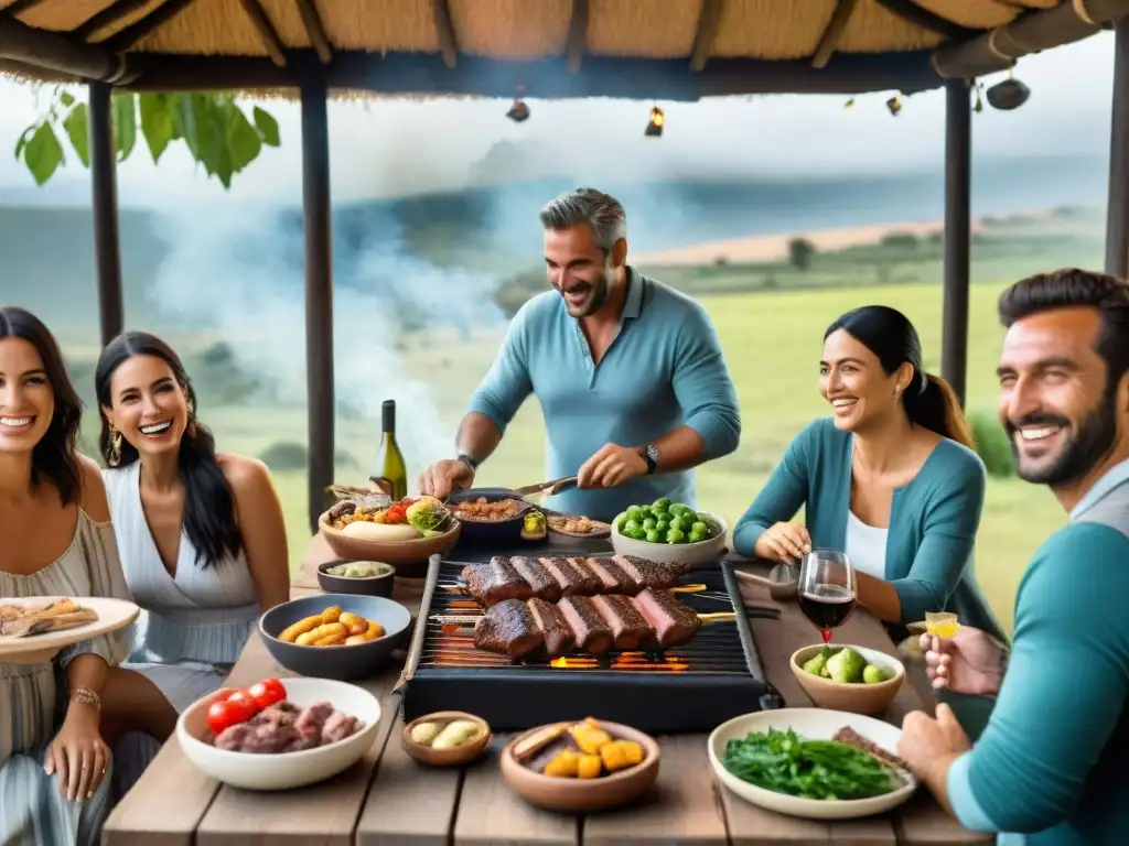 Experiencia auténtica en hoteles boutique Uruguay: grupo disfruta de asado uruguayo al atardecer entre naturaleza exuberante