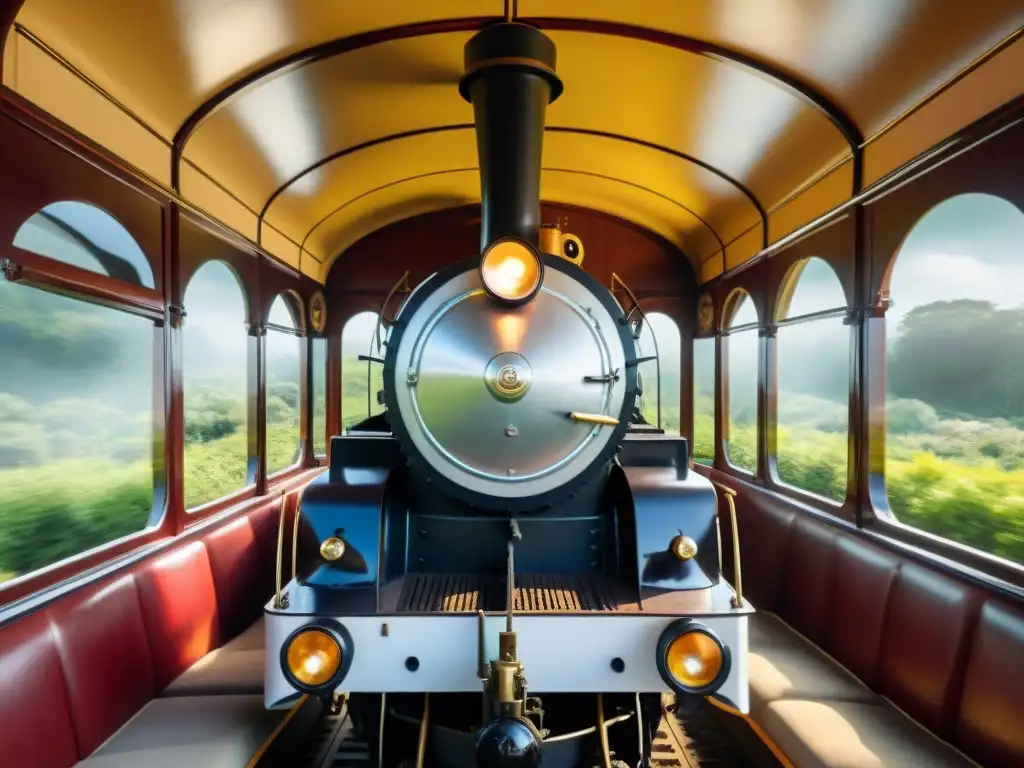 Experiencia auténtica en Museo Ferrocarril Uruguay: antigua locomotora rodeada de exuberante vegetación y visitantes en vestimenta de época