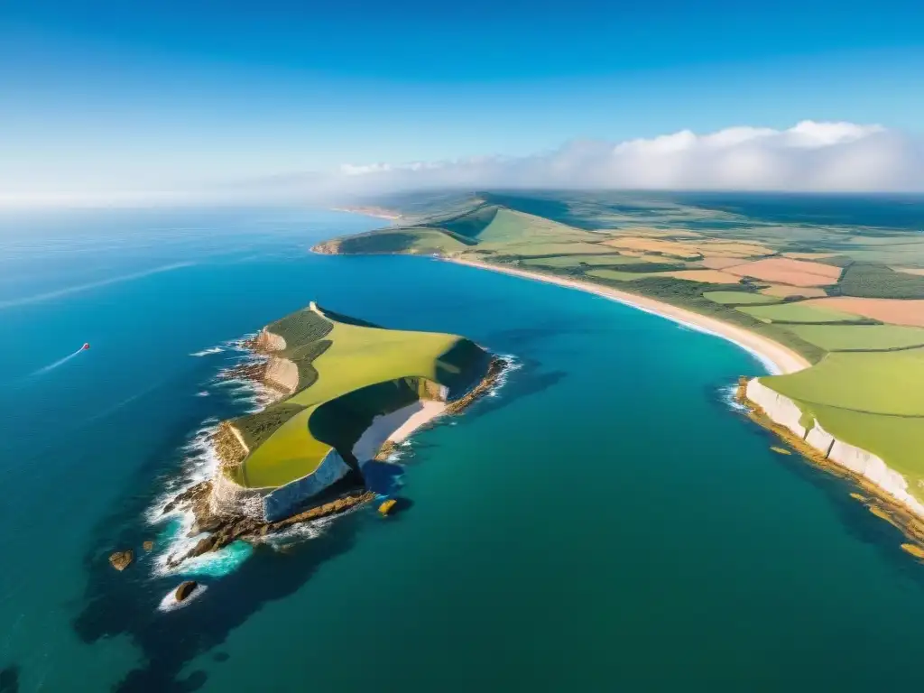 Experiencia auténtica de parapente en Uruguay: vista aérea impresionante de la costa y acantilados, con paisajes verdes bajo cielo azul